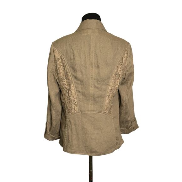 Chicos Beige Open Front Lace Panels Tabbed Sleeves Blazer size 0 - small - Picture 2 of 9